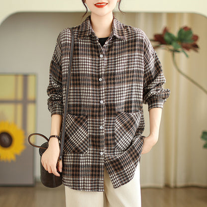Literary plaid shirt short coat women's  spring new Korean version of fashion temperament versatile plaid shirt top
