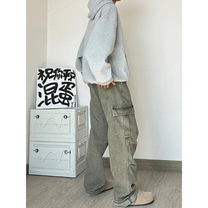 saferido      -shop mens outfits American Retro Vintage Pants High Street Washed Green Jeans Men's Straight Loose Logging Overalls