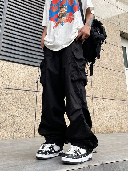 saferido boy outfits Japanese Harajuku Style American Style Wide Leg High Street Multi-Pocket Drawstring Casual Pants Loose Oversize Overalls