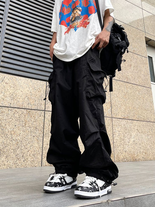 saferido boy outfits Japanese Harajuku Style American Style Wide Leg High Street Multi-Pocket Drawstring Casual Pants Loose Oversize Overalls