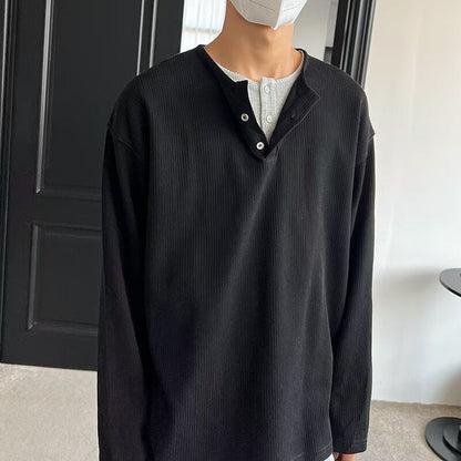 saferido      -shop mens outfit inspiration Japanese Retro Henry Collar Fake Two-Piece Long-Sleeved T-shirt Men's Autumn Casual Sweater Men's Autumn Bottoming Shirt
