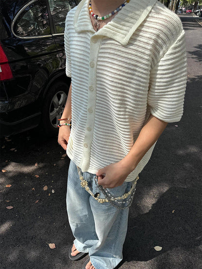 Niche retro hollow shirt boys new summer knitted sweater short sleeve old money style wear lapel half sleeve top
