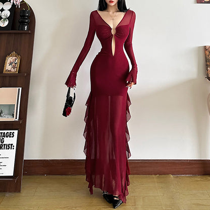 2025 style popular autumn new women's clothing red sexy deep V waist high split long-sleeved dress