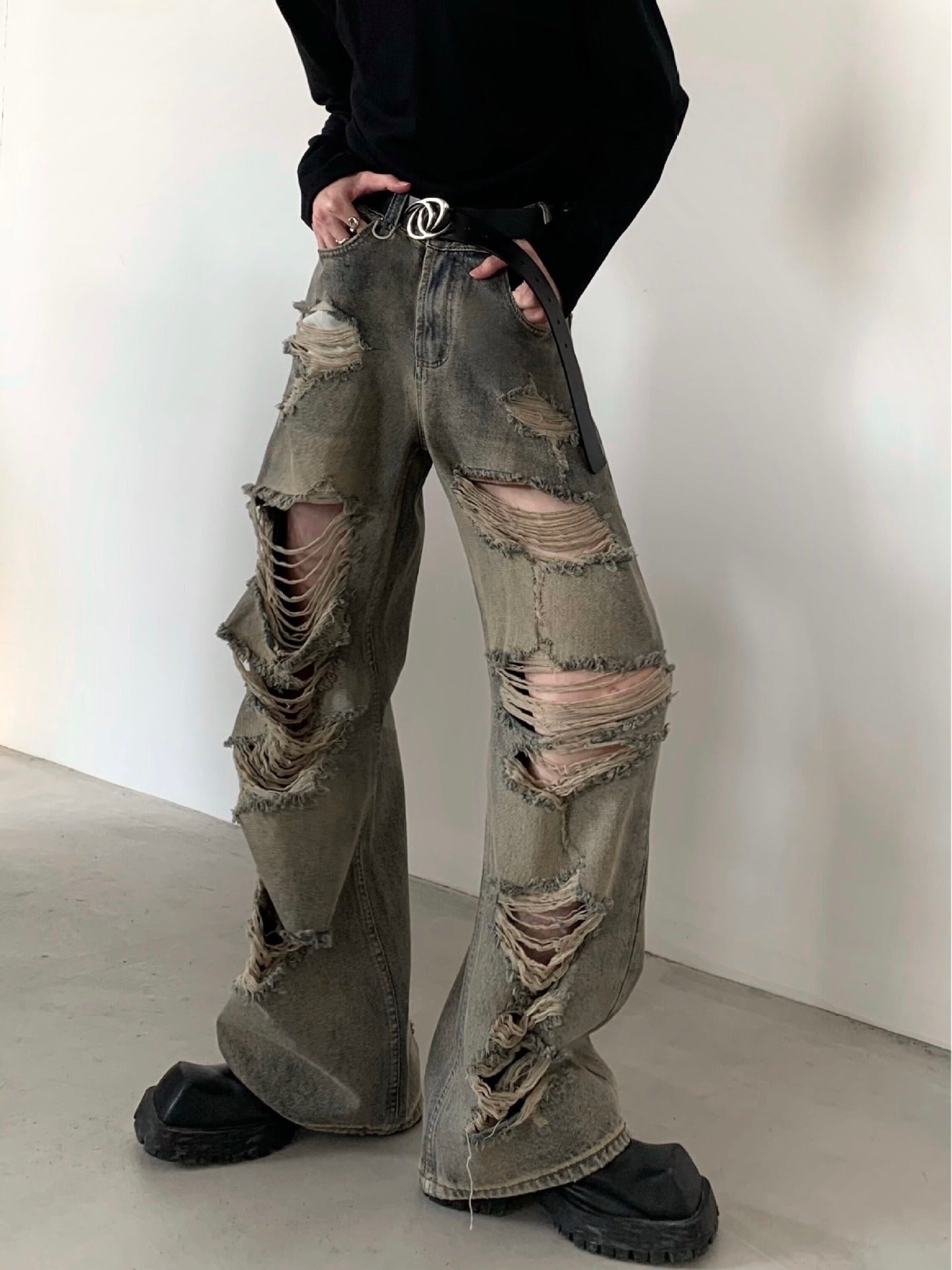 Wasteland old retro washed high street ripped jeans men's spring new wide-leg niche design beggar pants