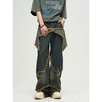 saferido skater boy outfits American-Style Retro Multi-Pocket Star Frayed Jeans Men's and Women's Loose Washed Distressed Wide-Leg Pants Summer