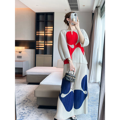 autumn new high-end printed fashion T-shirt pleated top women's loose casual pants two-piece set