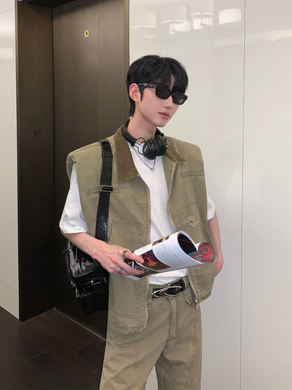 Korean style distressed shoulder pad vest jeans suit summer new style trendy workwear casual suit