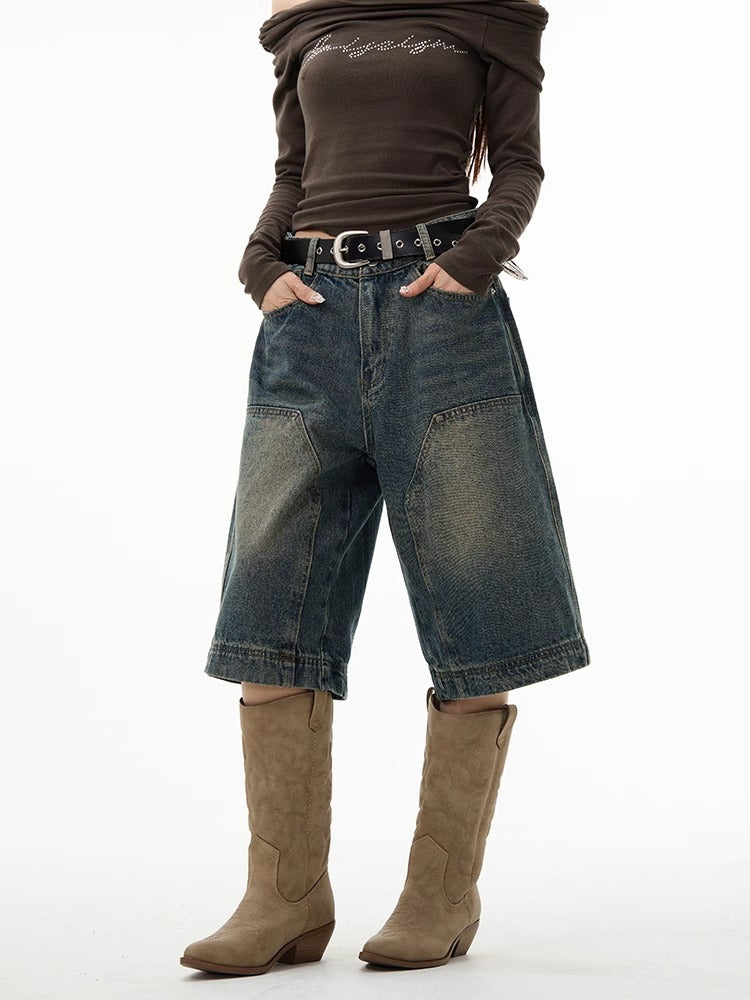 American high-grade denim shorts men's retro pants European and American logging wide-leg shorts six-point pants couple summer