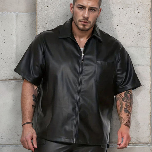 saferido outfit inspo New 2024 Spring Commuter Men's Leather Clothes Non-Ironing Treatment Fashion Urban Loose Lapel Tooling Casual Pu