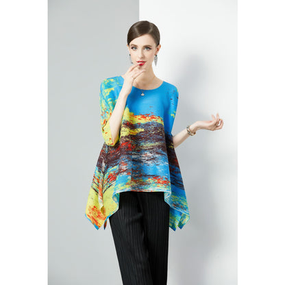 Pleated Popularan, n style, Popular style, advanced sense, loose elastic pleated printed top, seven-quarter sleeve crew neck, new summer models