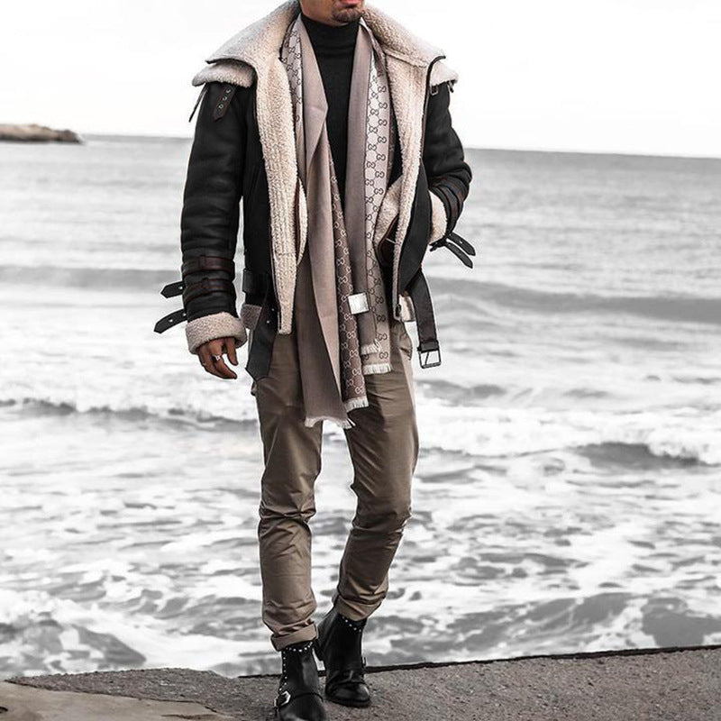 2025 supply   lamb wool lapel zipper PU fur integrated coat loose casual men's jacket