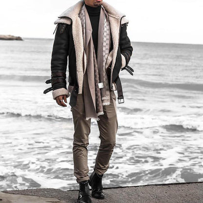 2025 supply   lamb wool lapel zipper PU fur integrated coat loose casual men's jacket