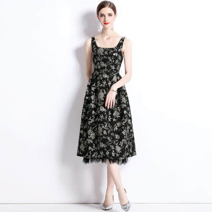 Summer court style celebrity temperament black gold rose embroidered gold silk heavy industry jacquard long waist and thin dress