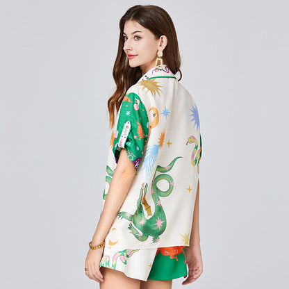 Popularan station set women's summer printed heavy industry beaded shirt + rubber band waist shorts two-piece set, with lining