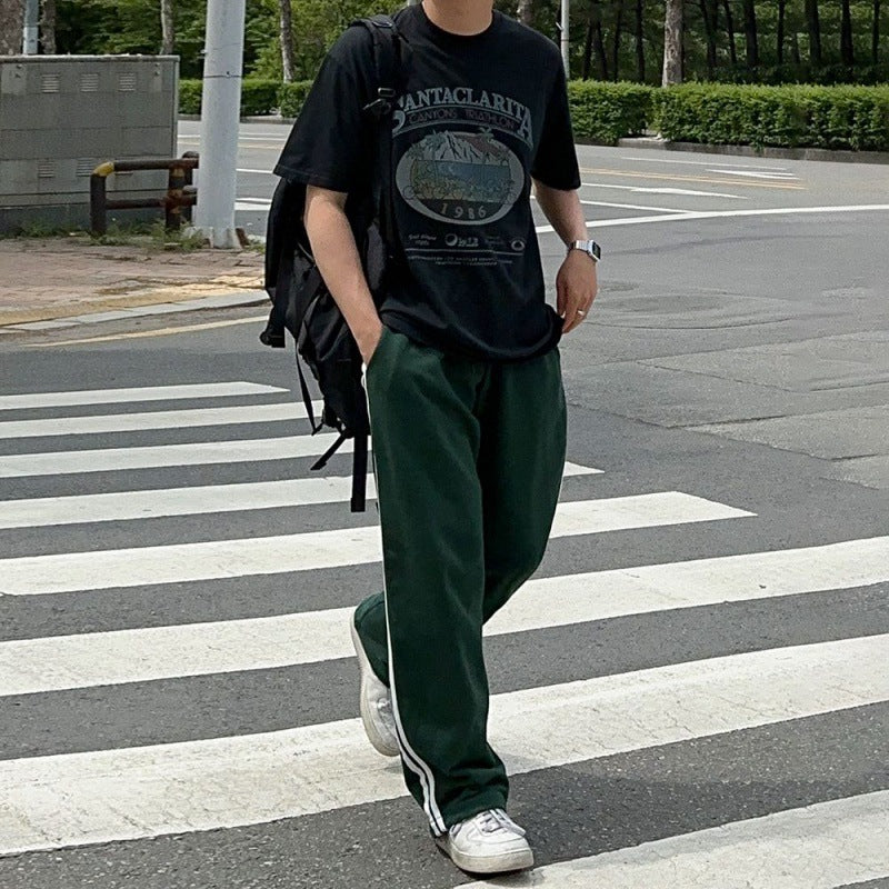 saferido mens outfits Contrast Color Striped Casual Pants Men's Summer Cotton Sports Pants Korean Style Loose Draping Straight Sweatpants