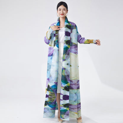 2025 Muslim robe women's long skirt Popular trade robe high-end printing loose lace-up lapel cardigan jacket autumn