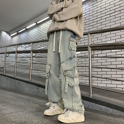 saferido techwear outfits Autumn and Winter Jeans Men's Loose Straight American Retro High Street Multi-Pocket Elastic Wide-Leg Overalls