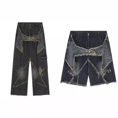 saferido skater boy outfits American-Style Retro Multi-Pocket Star Frayed Jeans Men's and Women's Loose Washed Distressed Wide-Leg Pants Summer