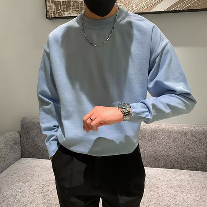 saferido      -shop mens fashion Spring and Autumn New Pure Color Sweater Men's Fresh round Neck Basic Long Sleeve Youth Casual Drop Shoulder Bottoming Shirt