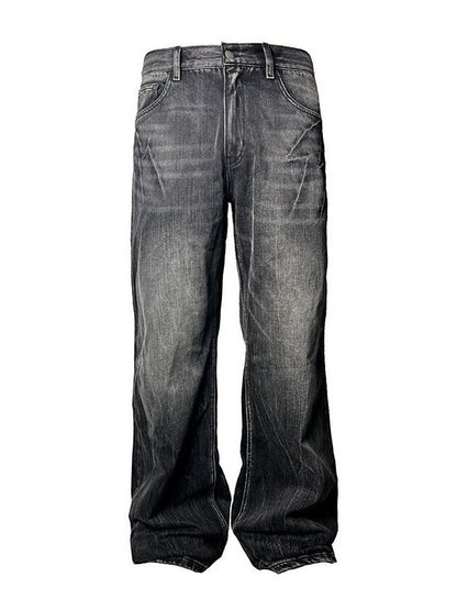 American retro dark blue lightning burst cracked jeans for men and women loose wide-leg pants washed straight flared pants