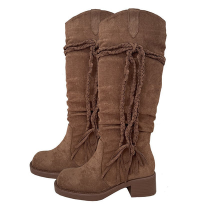 2025 popular Autumn/Winter Brown Tassel Boots Vintage Wasteland Knight Boots British Academy Pile Medium Boots Women