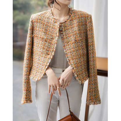 2025 Heavy sense of high-end, small fragrant coat, textured round neck rough edge tweed spring and autumn  spring short women's clothing
