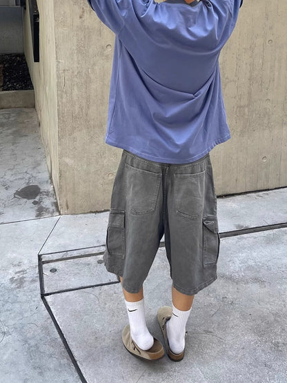 American retro washed denim shorts men's summer casual loose straight wide leg trendy brand pocket workwear cropped trousers