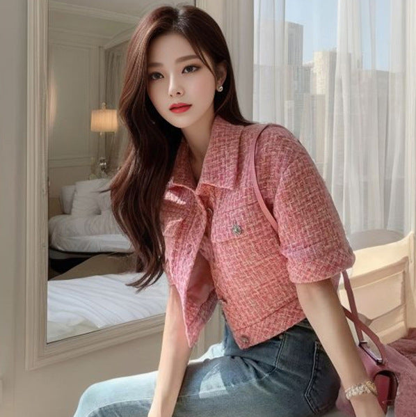 24 Spring and summer new pink tweed suit skirt small short coat high waist skirt two-piece set L1064