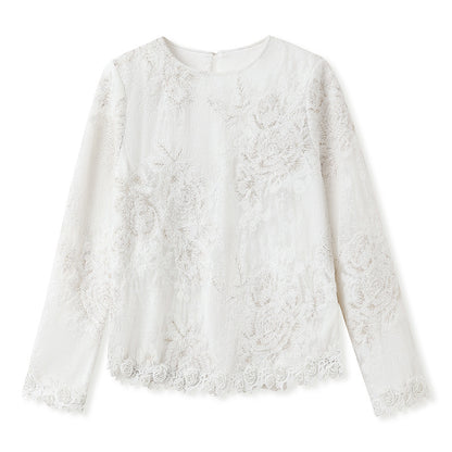Spring  New Versatile New Chinese Lace Top Crew Neck Flower Embroidery Design National Style Shirt MZ056