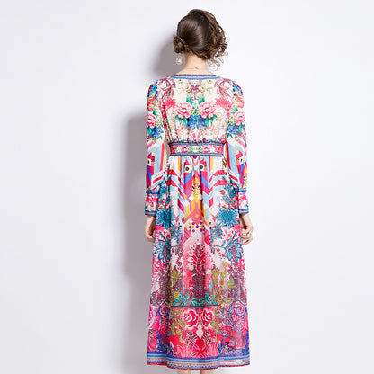 Popular trade women's clothing popular new holiday style temperament design sense V-neck printing long-sleeved waist dress