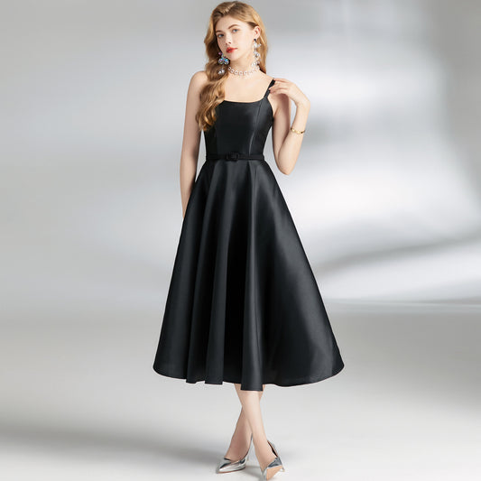 Vintage Hepburn style strap skirt, high-end  design, waist and thin medium and long A-shaped fluffy dress