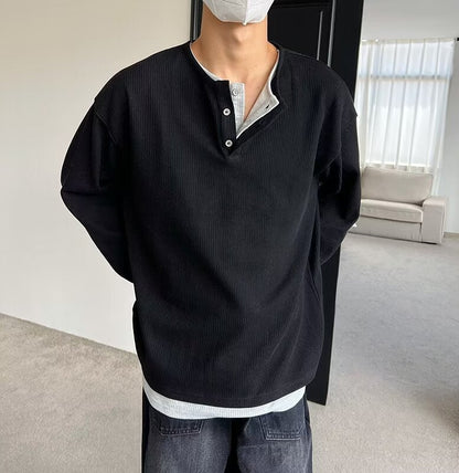 saferido      -shop mens outfit inspiration Japanese Retro Henry Collar Fake Two-Piece Long-Sleeved T-shirt Men's Autumn Casual Sweater Men's Autumn Bottoming Shirt