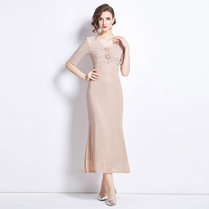Bright sequined fishtail skirt light luxury imperial sister style Muse fan long sleeve v neck sexy dress temperament dress