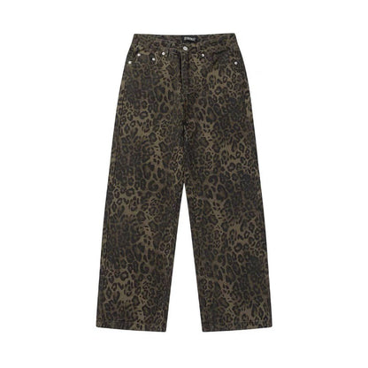 autumn and winter new American retro design niche workwear leopard print loose casual versatile pants men INS