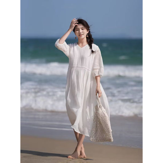 summer new loose large size fairy style dress female temperament literary and retro waist and thin skirt female