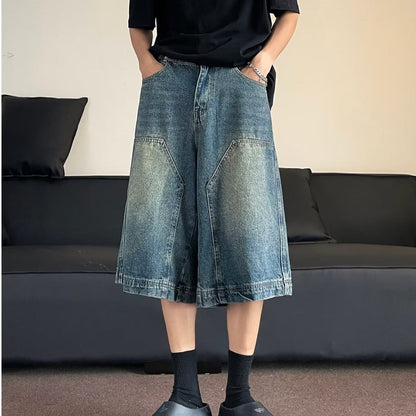 saferido 90s streetwear American-Style Retro Washed High Street Stitching Denim Shorts Men's and Women's Summer Wide-Leg Distressed Casual All-Match Cropped Pants