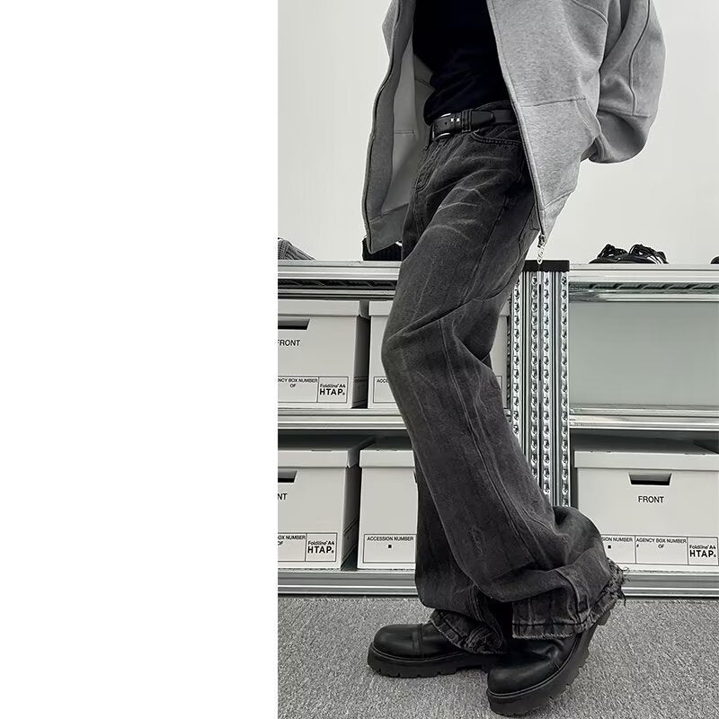 saferido      -shop drip outfit men Jeans Men's Spring and Autumn New American High Street Fashion Pu Shuai Gradient Washed Straight Wide-Leg Casual Trousers