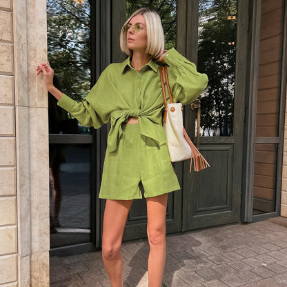 2025 Popular,   New new summer green temperament commuting loose casual fashion shorts long-sleeved suit women