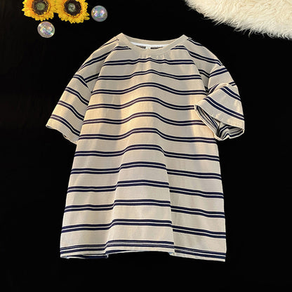 saferido      -shop 90s streetwear Japanese Striped Short-Sleeved T-shirt Men's Summer Loose Casual Retro Niche Versatile Cotton round Neck Bottoming T-shirt