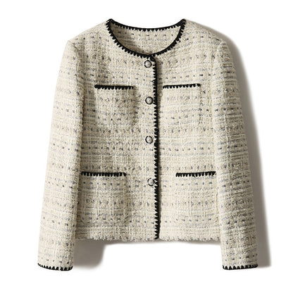 2025 High-end contrasting color Xiaoxiangfeng coat, spring and autumn white tweed short women's coat, spring new women's clothing