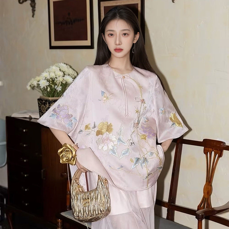 summer new Chinese ancient style Chinese style high-end exquisite embroidered printed top skirt two-piece set M5099