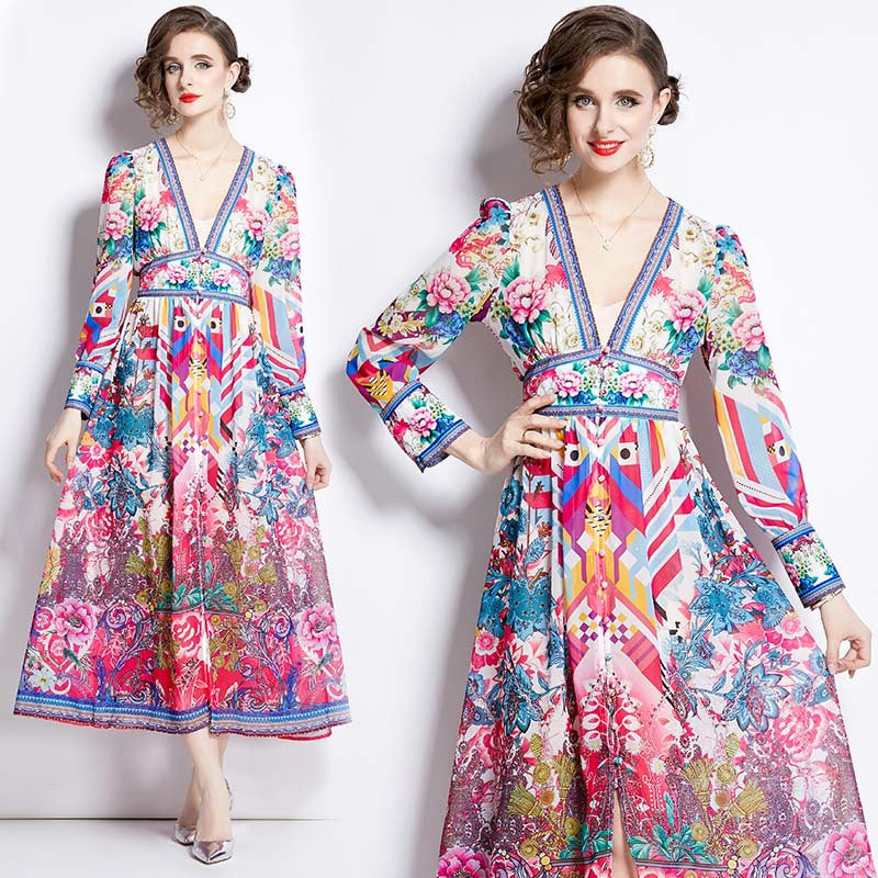 Popular trade women's clothing popular new holiday style temperament design sense V-neck printing long-sleeved waist dress
