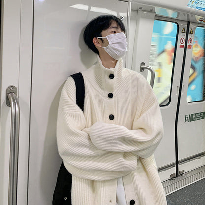 saferido winter outfits men Retro Simple Cardigan Sweater American Lazy Style Knitwear Autumn Long Sleeve Half Turtleneck Hy615tp60 White