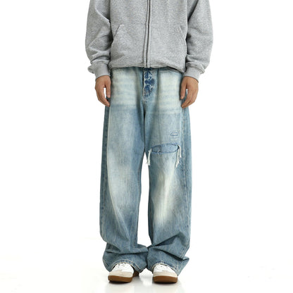 American retro ice blue straight jeans summer new vintage washed worn loose pants