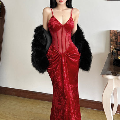 2025 style popular winter new women's clothing sexy babes slim backless suspender long dress sleeve dress