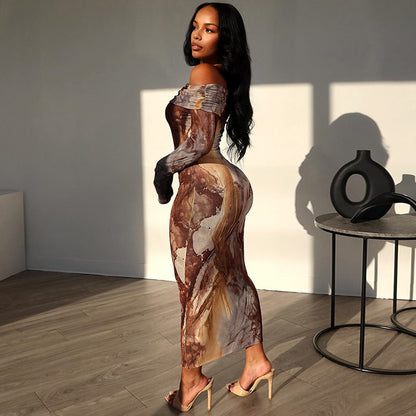 Popular trade 2025 women's clothing independent station popular autumn and winter retro style printing sexy one-word shoulder long-sleeved dress