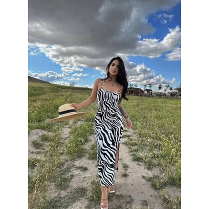 SAFERIDO 2025 ins style women's clothing summer sexy suspender slim side split zebra print popular dress