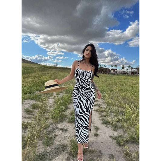 SAFERIDO 2025 ins style women's clothing summer sexy suspender slim side split zebra print popular dress