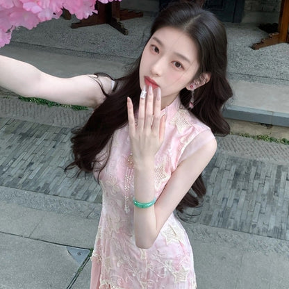New Chinese style summer temperament peach blossom embroidered cheongsam slim split end sexy dress women's clothing N4091