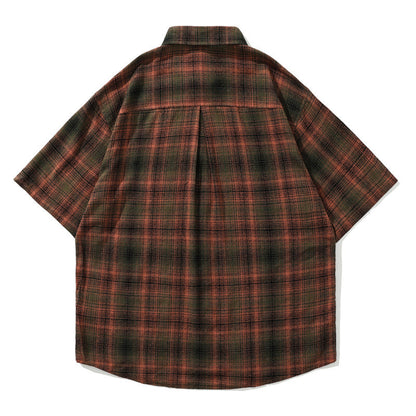 saferido      -shop shirt Japanese Style Retro Artistic Youth Plaid Short Sleeve Shirt Men's and Women's Mori Cityboy Profile Half Sleeve Striped Shirt